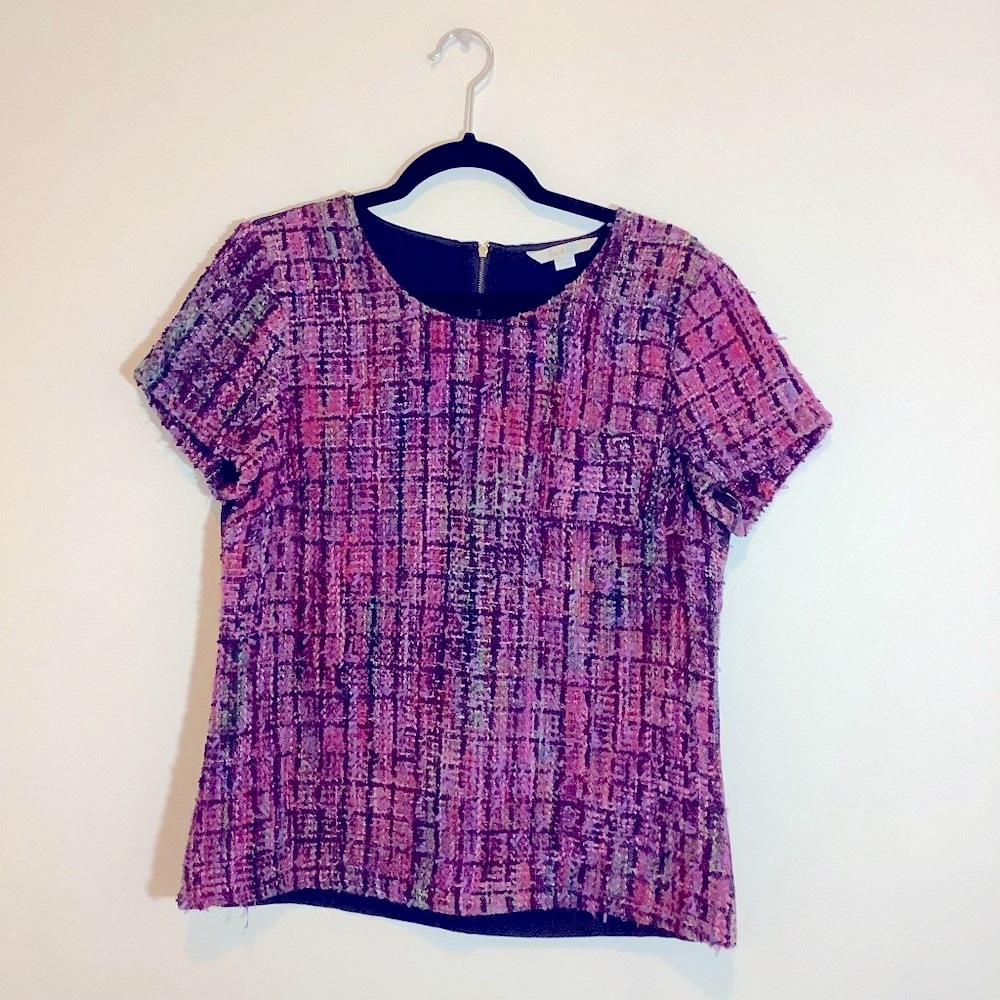 Boden shortsleeve purple black tweed blouse with small front pocket size 10